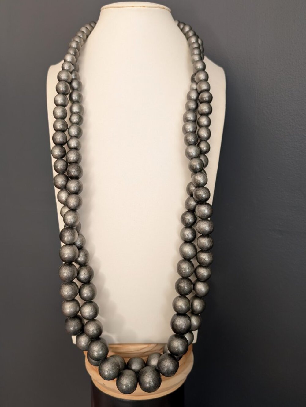 2 long chunky silvery gray graduated bead necklaces